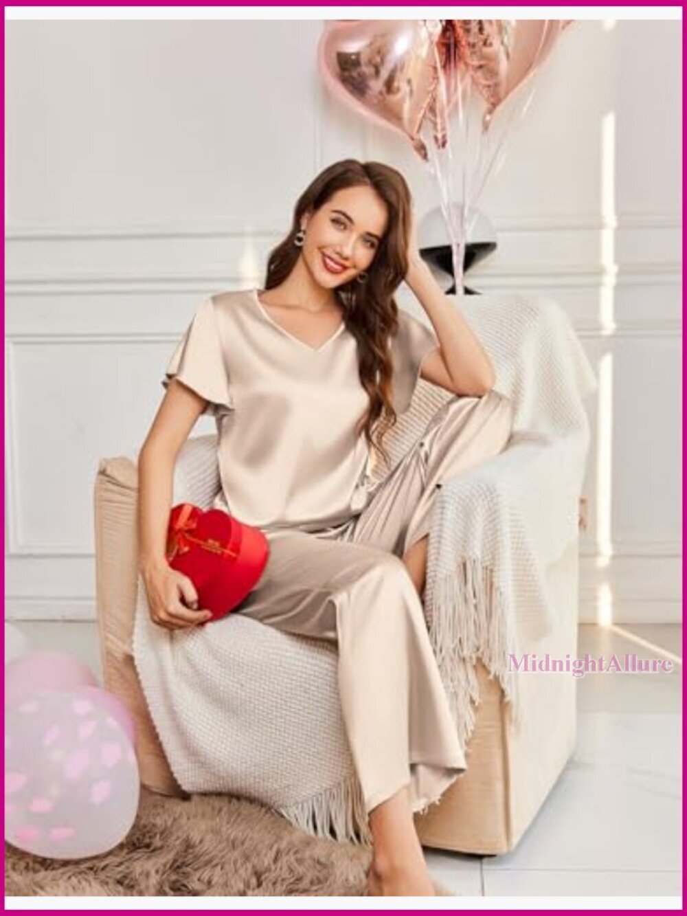 Silky Satin Pajama Set 2-Piece Loose Fit Short Sleeve Shirt Long Pants - Picture 2 of 7